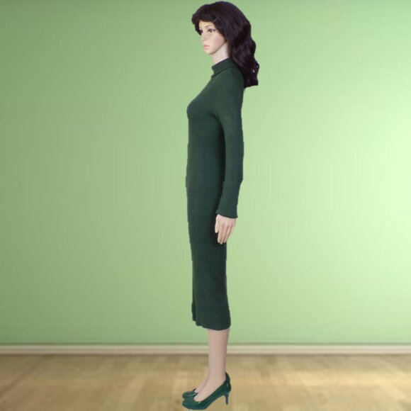 ROCOROSE size M forest-green knit bodycon long-sleeve turtleneck midi dress - Picture 7 of 13